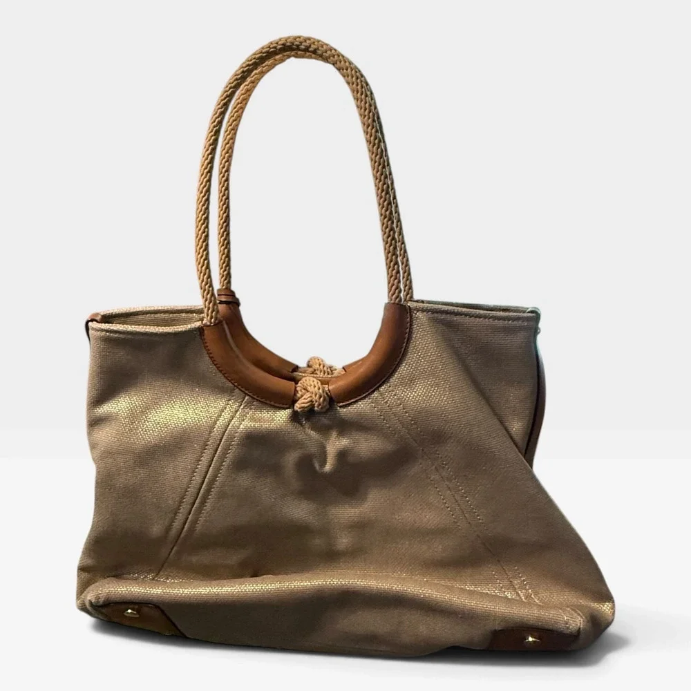 Michael Kors Metallic Canvas Tote Bag Tan Gold Braided Rope Handle Large